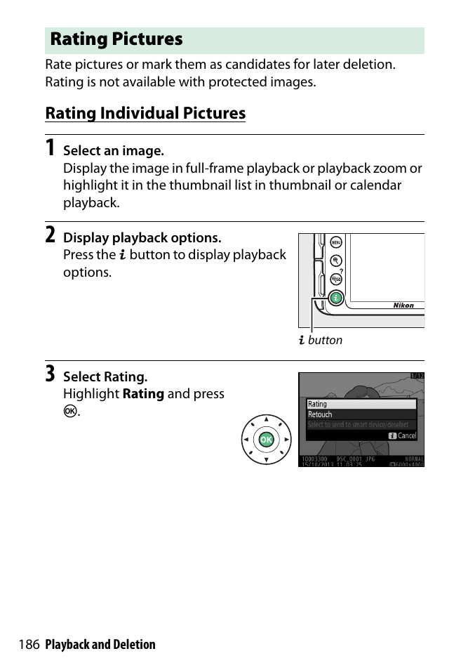Rating pictures, Rating individual pictures | Nikon D3300 User Manual | Page 206 / 392