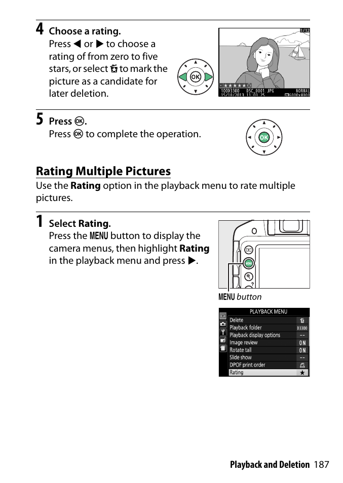 Rating multiple pictures | Nikon D3300 User Manual | Page 207 / 392