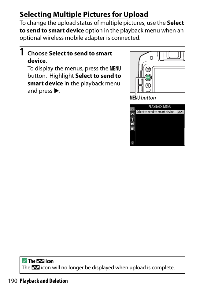 Selecting multiple pictures for upload | Nikon D3300 User Manual | Page 210 / 392