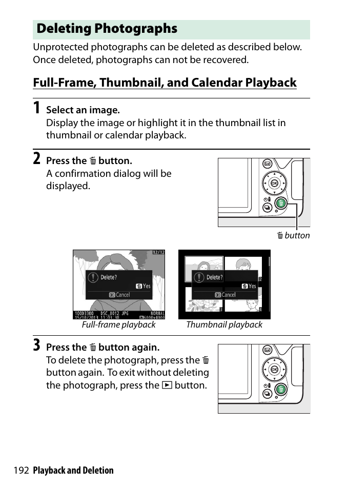 Deleting photographs, Full-frame, thumbnail, and calendar playback | Nikon D3300 User Manual | Page 212 / 392