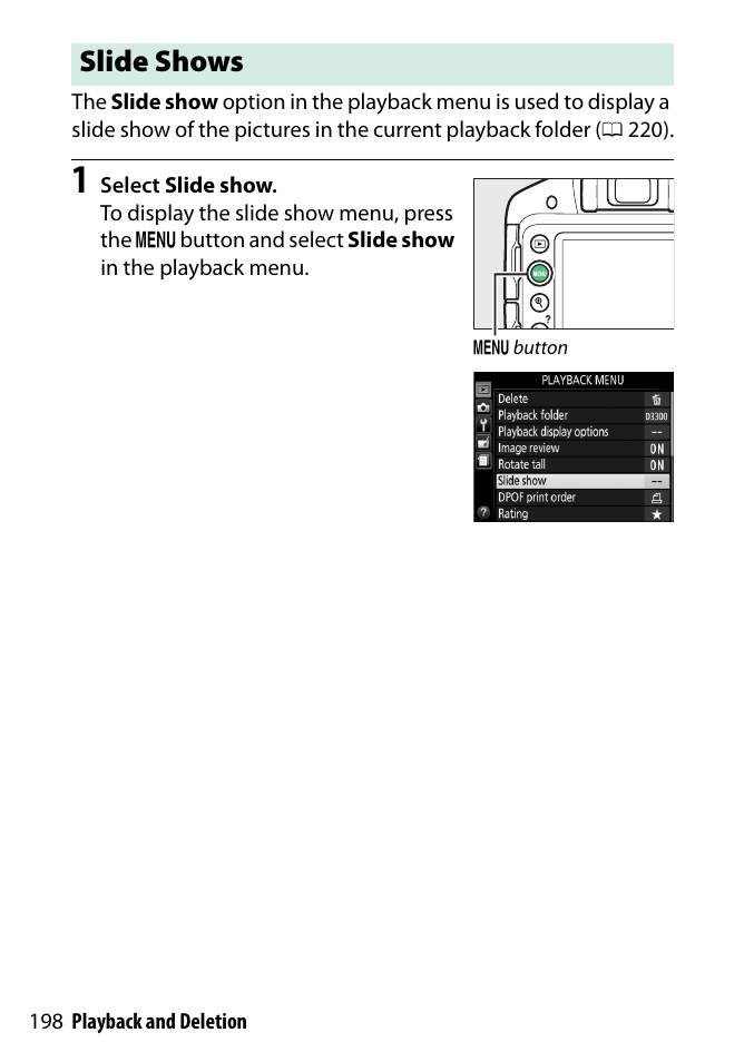 Slide shows | Nikon D3300 User Manual | Page 218 / 392