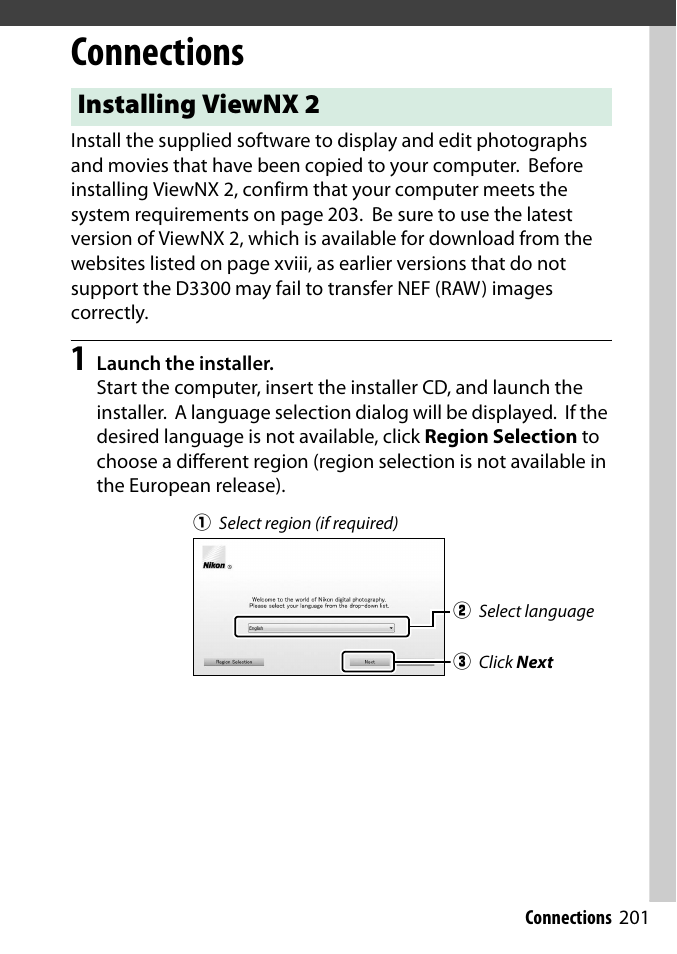 Connections, Installing viewnx 2 | Nikon D3300 User Manual | Page 221 / 392