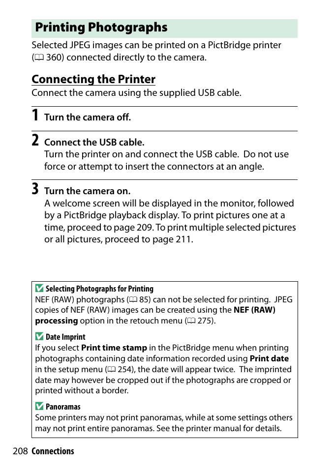 Printing photographs, Connecting the printer | Nikon D3300 User Manual | Page 228 / 392