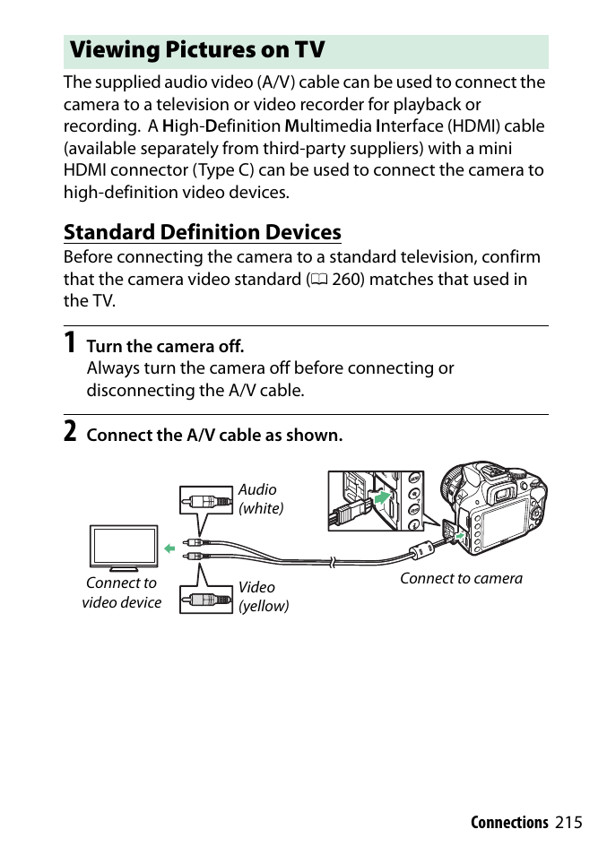 Viewing pictures on tv, Standard definition devices | Nikon D3300 User Manual | Page 235 / 392