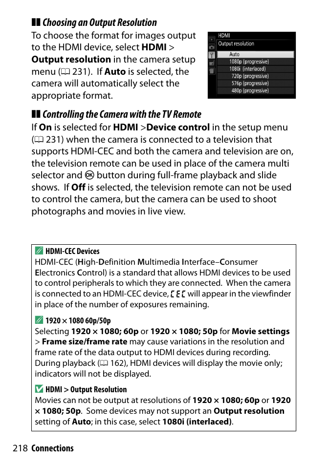0 218) bef, Choosing an output resolution, Controlling the camera with the tv remote | Nikon D3300 User Manual | Page 238 / 392