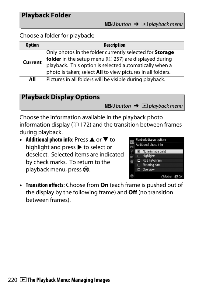 Playback folder, Playback display options | Nikon D3300 User Manual | Page 240 / 392