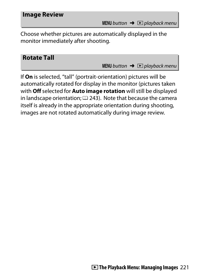 Image review, Rotate tall | Nikon D3300 User Manual | Page 241 / 392