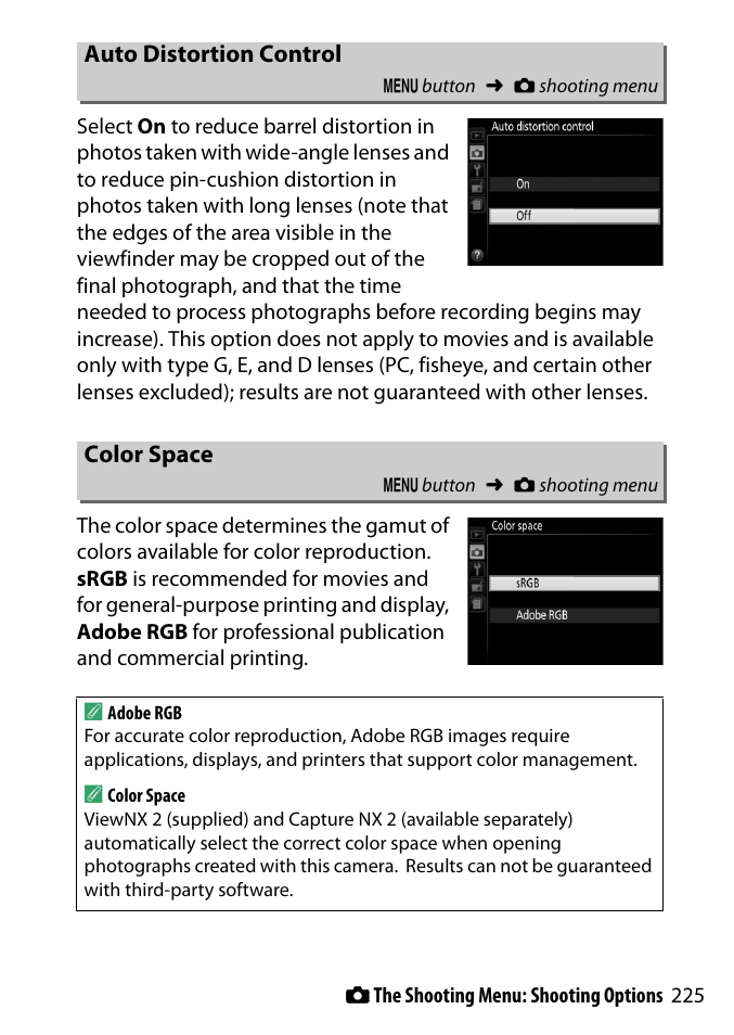Auto distortion control, Color space | Nikon D3300 User Manual | Page 245 / 392