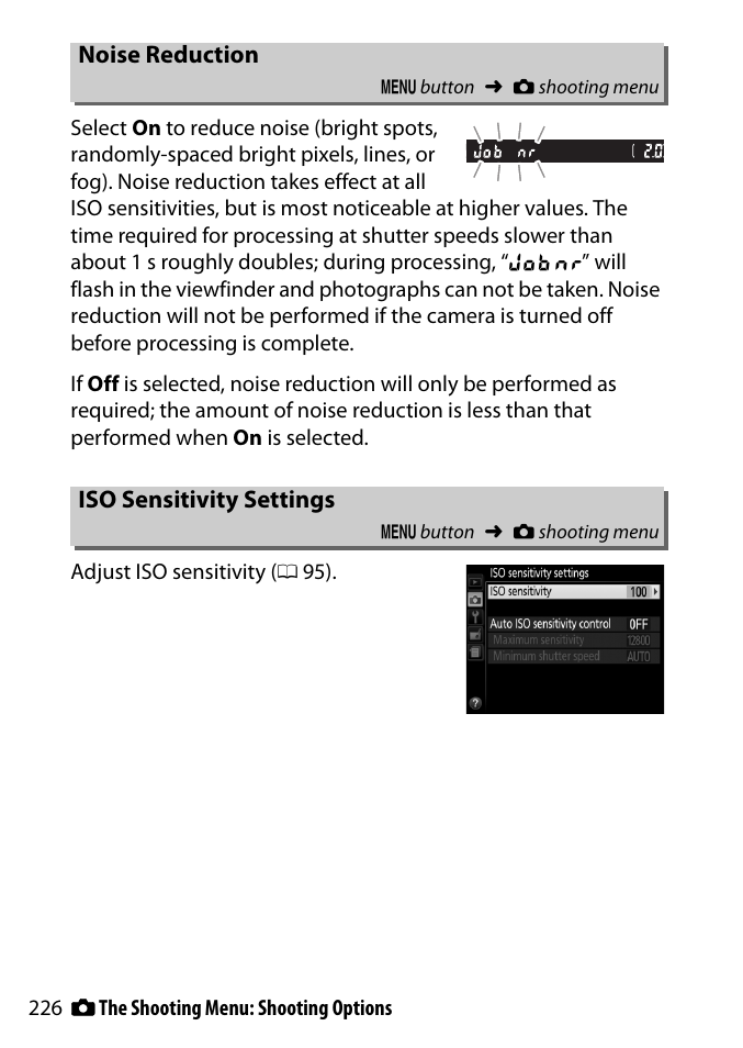 Noise reduction, Iso sensitivity settings | Nikon D3300 User Manual | Page 246 / 392