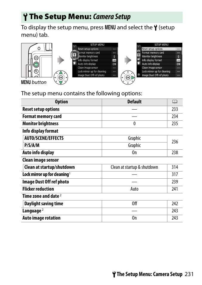 The setup menu: camera setup, Menu, B the setup menu: camera setup | Nikon D3300 User Manual | Page 251 / 392