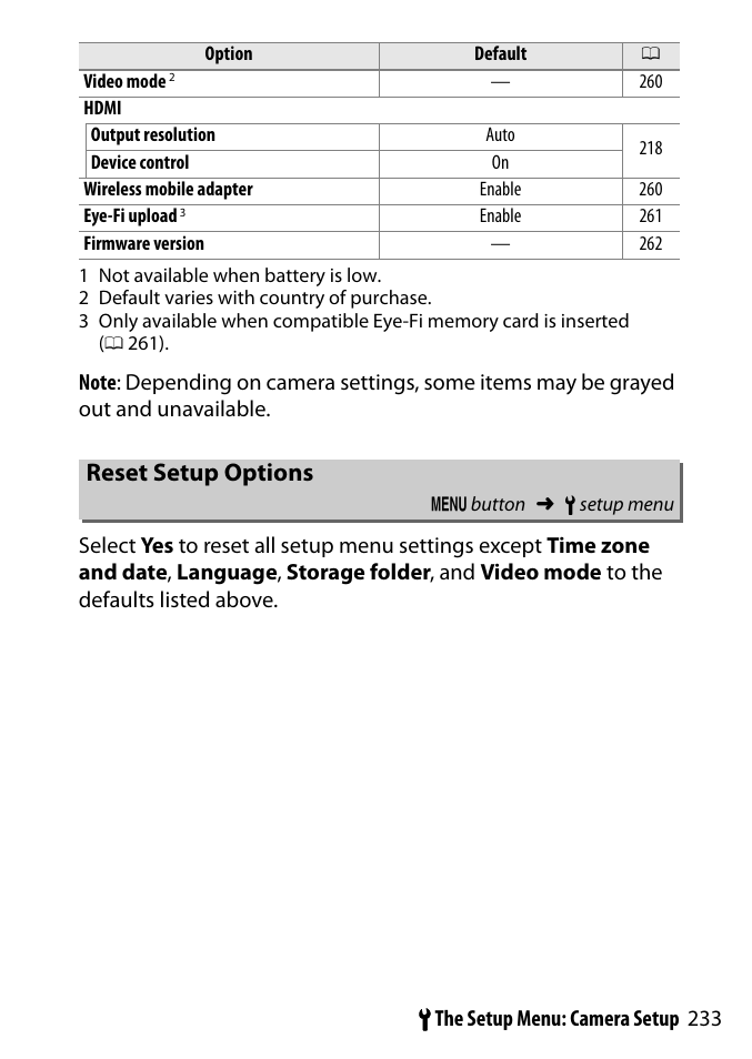 Reset setup options, 233 b the setup menu: camera setup | Nikon D3300 User Manual | Page 253 / 392