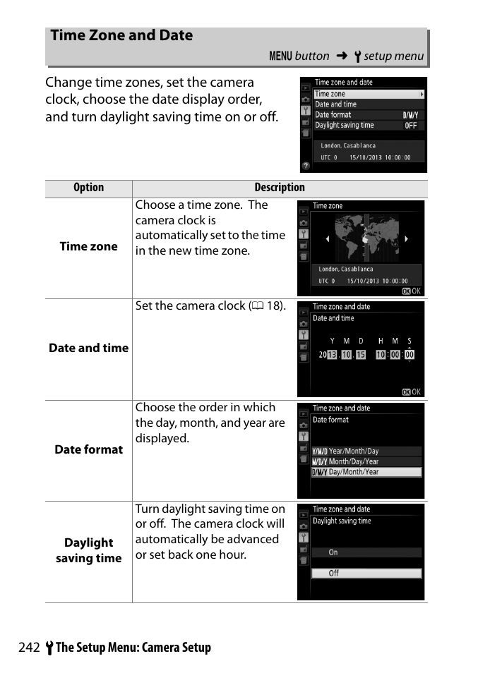 Time zone and date | Nikon D3300 User Manual | Page 262 / 392