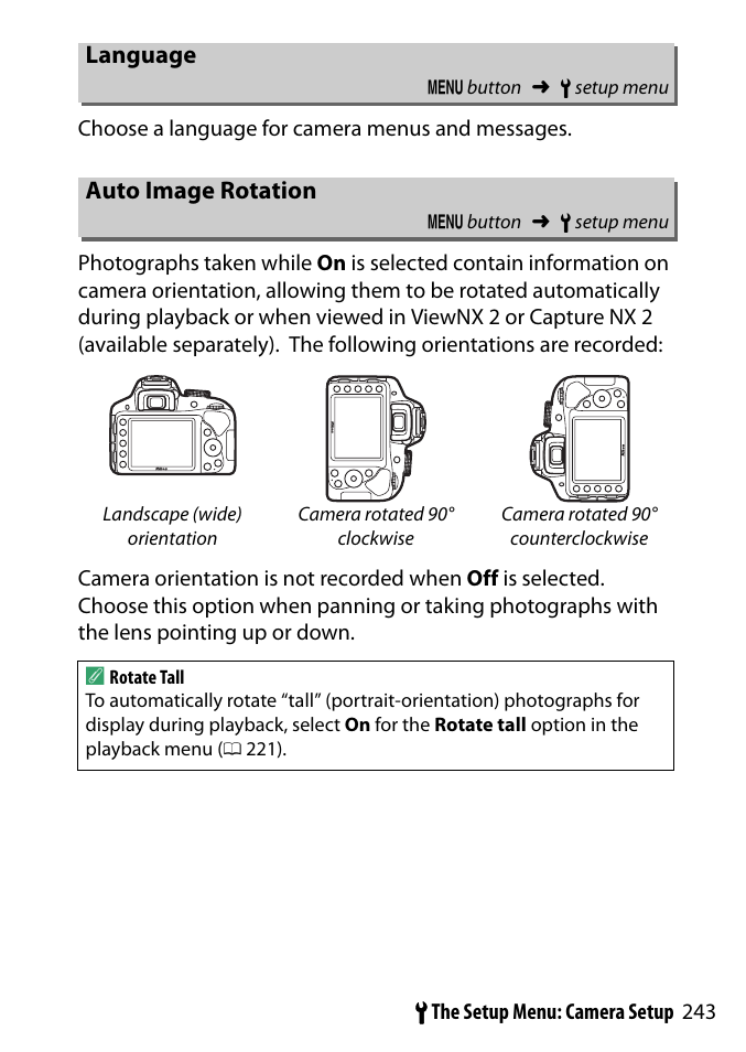 Language, Auto image rotation | Nikon D3300 User Manual | Page 263 / 392