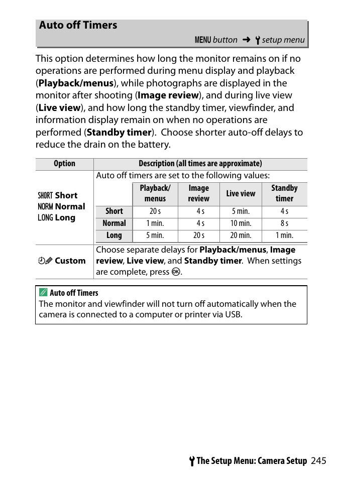 Auto off timers | Nikon D3300 User Manual | Page 265 / 392