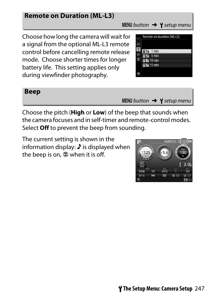 Remote on duration (ml-l3), Beep | Nikon D3300 User Manual | Page 267 / 392