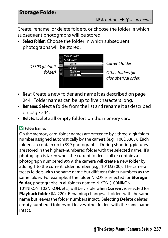 Storage folder, Menu | Nikon D3300 User Manual | Page 277 / 392