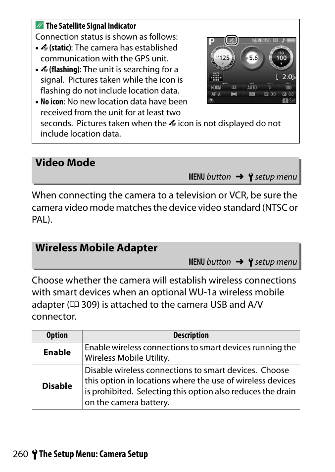 Video mode, Wireless mobile adapter | Nikon D3300 User Manual | Page 280 / 392