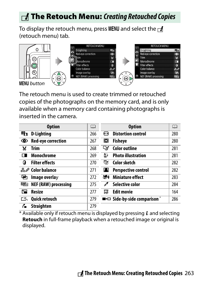 The retouch menu: creating retouched copies, N the retouch menu: creating retouched copies | Nikon D3300 User Manual | Page 283 / 392