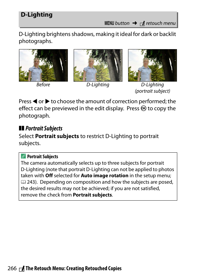 D-lighting | Nikon D3300 User Manual | Page 286 / 392