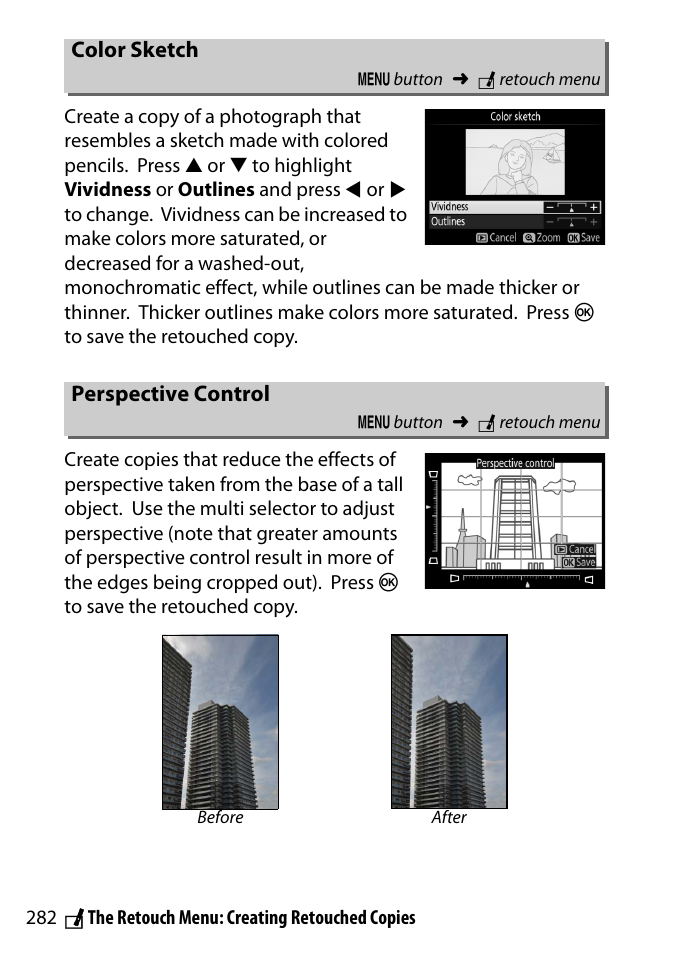 Color sketch, Perspective control | Nikon D3300 User Manual | Page 302 / 392