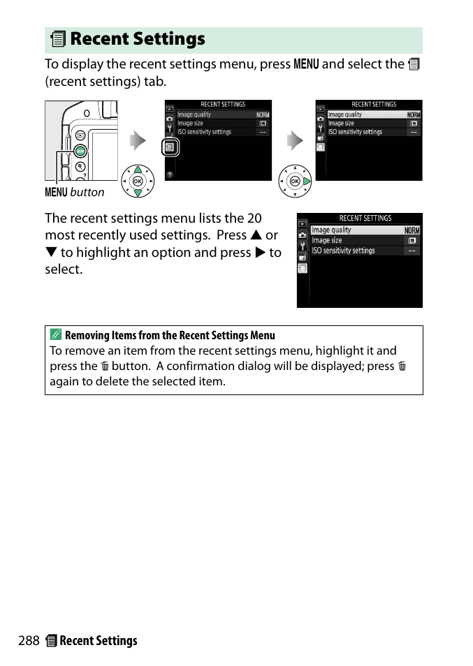 Recent settings, M recent settings | Nikon D3300 User Manual | Page 308 / 392