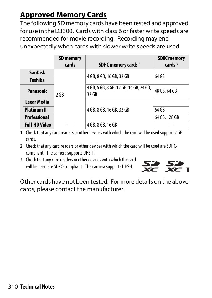 Approved memory cards, Ached | Nikon D3300 User Manual | Page 330 / 392
