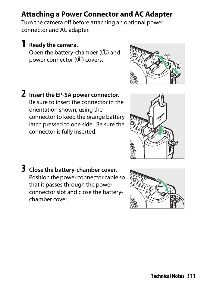 Attaching a power connector and ac adapter | Nikon D3300 User Manual | Page 331 / 392