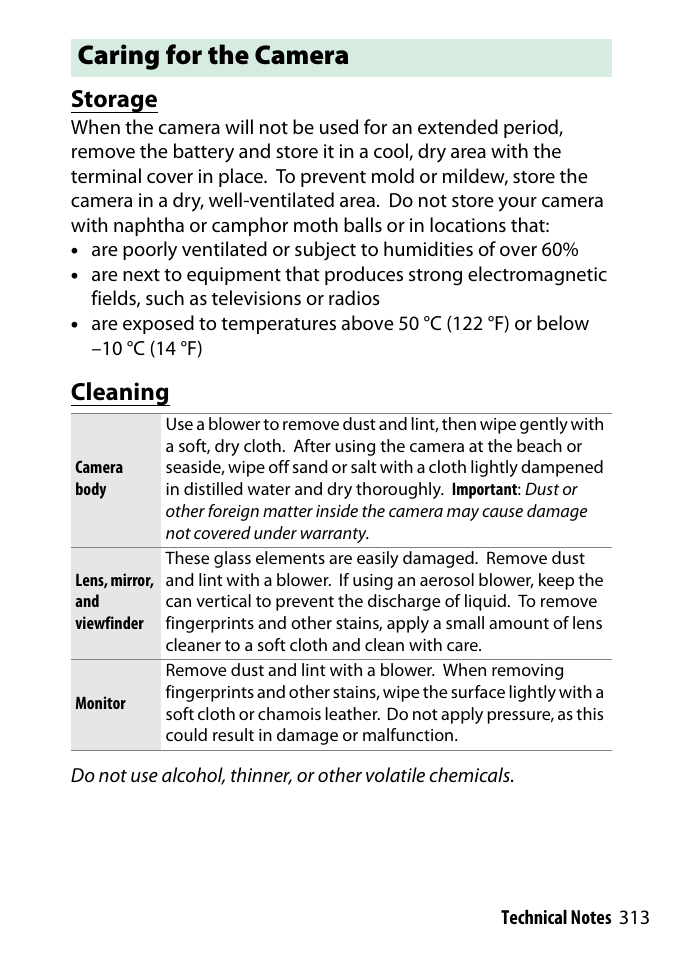 Caring for the camera, Storage, Cleaning | Nikon D3300 User Manual | Page 333 / 392