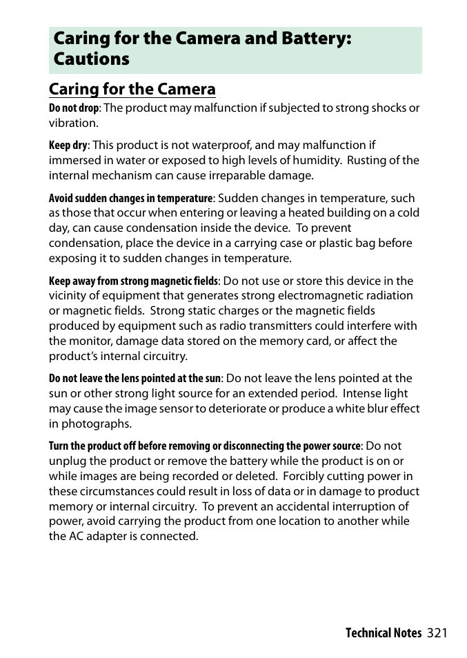 Caring for the camera and battery: cautions, Caring for the camera | Nikon D3300 User Manual | Page 341 / 392