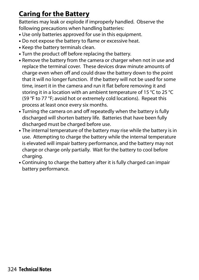 Caring for the battery | Nikon D3300 User Manual | Page 344 / 392