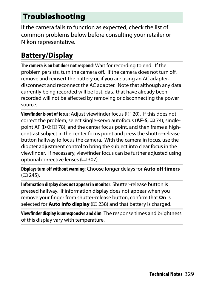 Troubleshooting, Battery/display | Nikon D3300 User Manual | Page 349 / 392