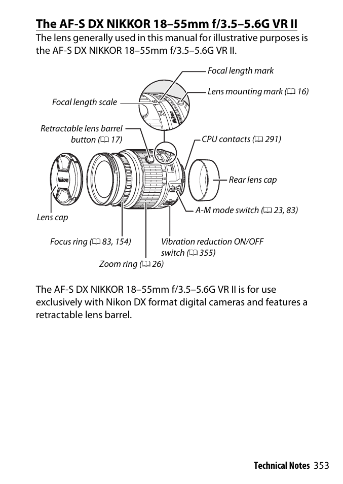 The af-s dx nikkor 18-55mm f/3.5-5.6g vr ii | Nikon D3300 User Manual | Page 373 / 392