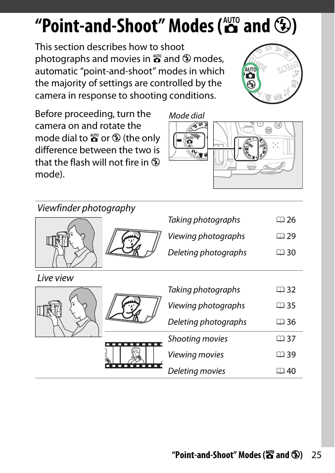 Point-and-shoot” modes (auto and auto (flash off)), Point-and-shoot” modes ( i and j ) | Nikon D3300 User Manual | Page 45 / 392