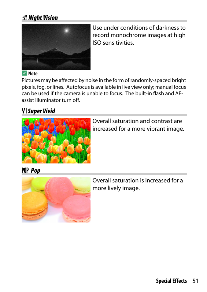 Night vision, Super vivid | Nikon D3300 User Manual | Page 71 / 392