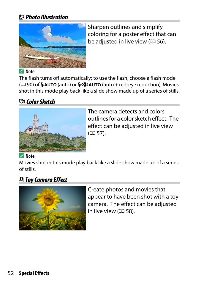 Photo illustration, Color sketch, Toy camera effect | Nikon D3300 User Manual | Page 72 / 392