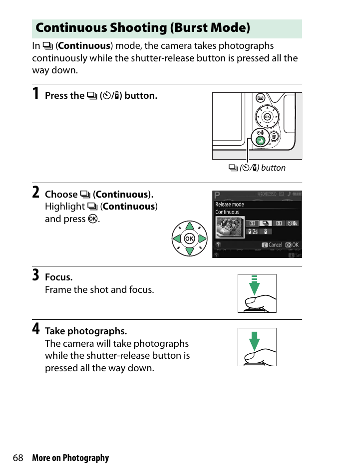 Continuous shooting (burst mode) | Nikon D3300 User Manual | Page 88 / 392