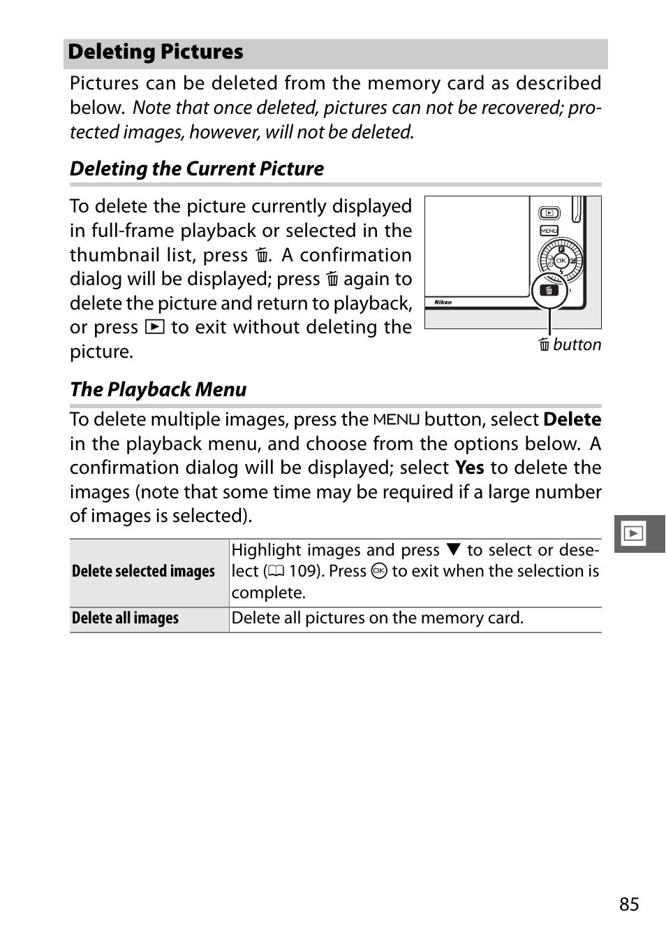 Deleting pictures, Deleting the current picture, The playback menu | Deleting the current picture the playback menu, 0 85) the highl | Nikon J3 User Manual | Page 105 / 234