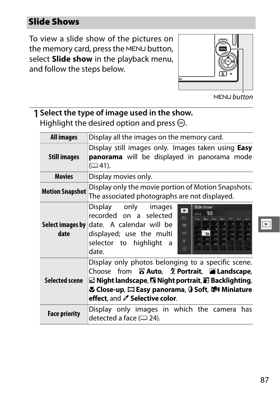 Slide shows, 87 fo | Nikon J3 User Manual | Page 107 / 234