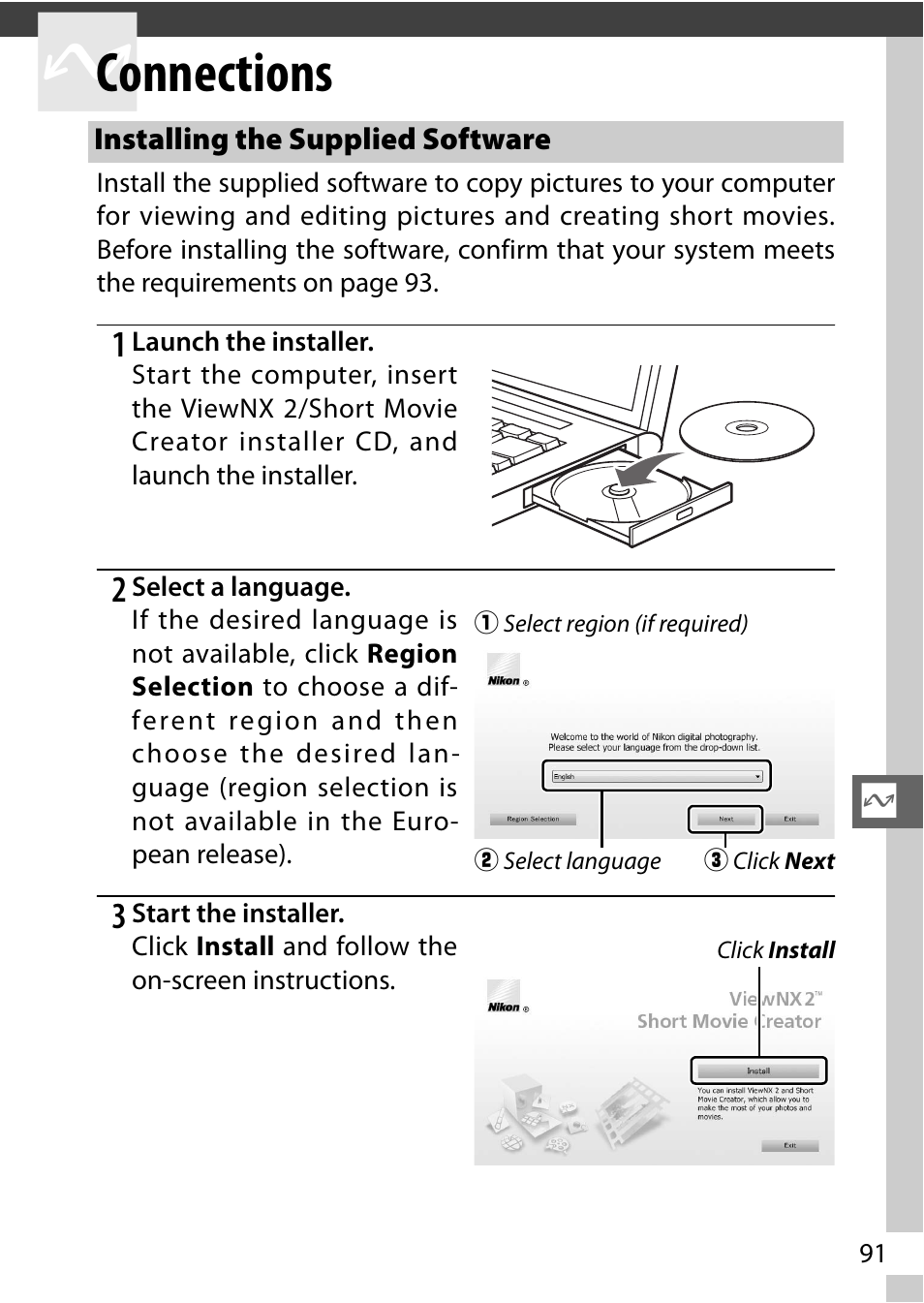 Connections, Installing the supplied software | Nikon J3 User Manual | Page 111 / 234