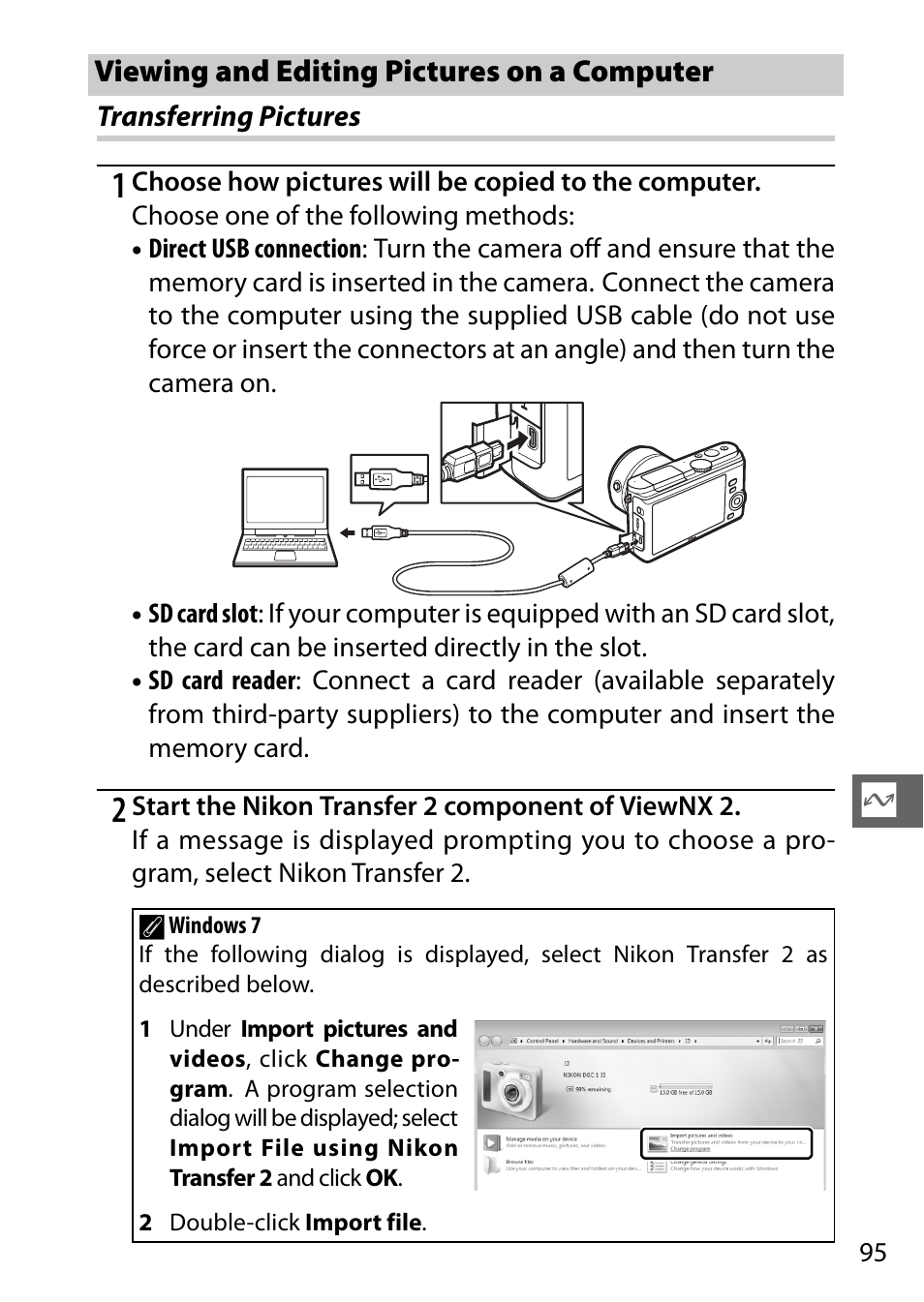 Viewing and editing pictures on a computer, Transferring pictures | Nikon J3 User Manual | Page 115 / 234