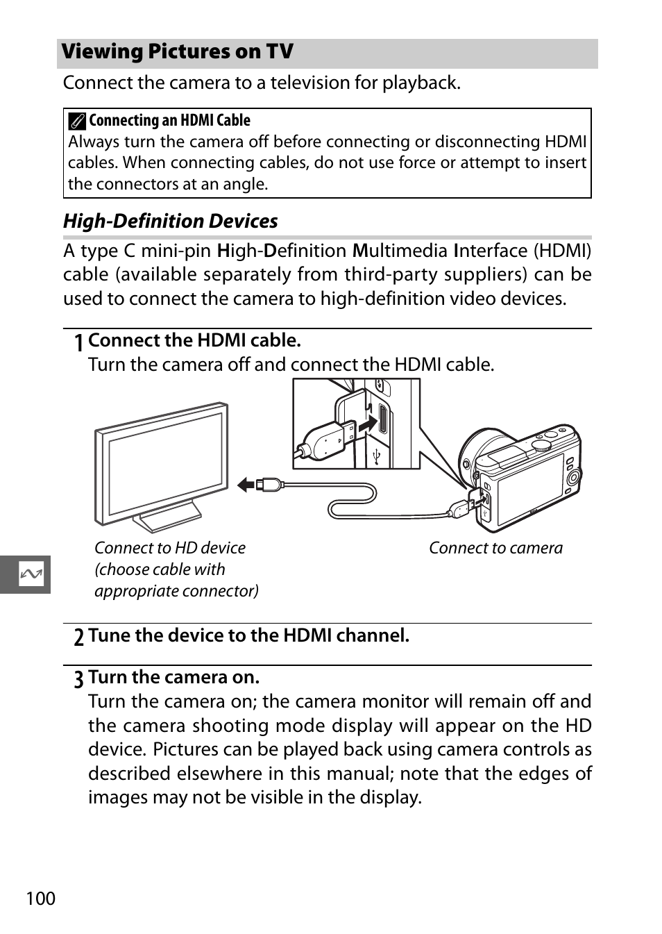 Viewing pictures on tv, High-definition devices | Nikon J3 User Manual | Page 120 / 234