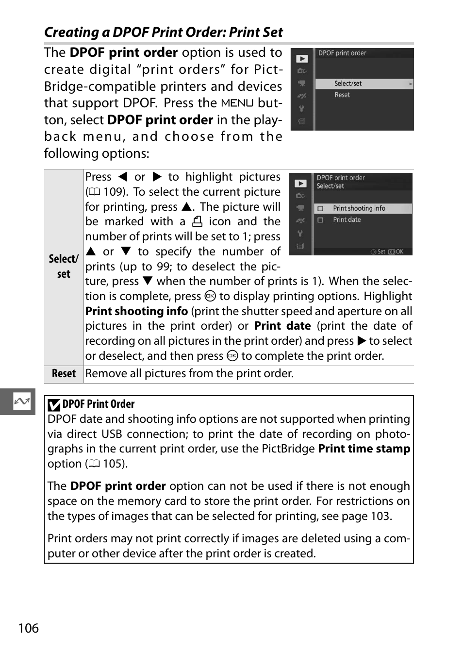 Creating a dpof print order: print set | Nikon J3 User Manual | Page 126 / 234