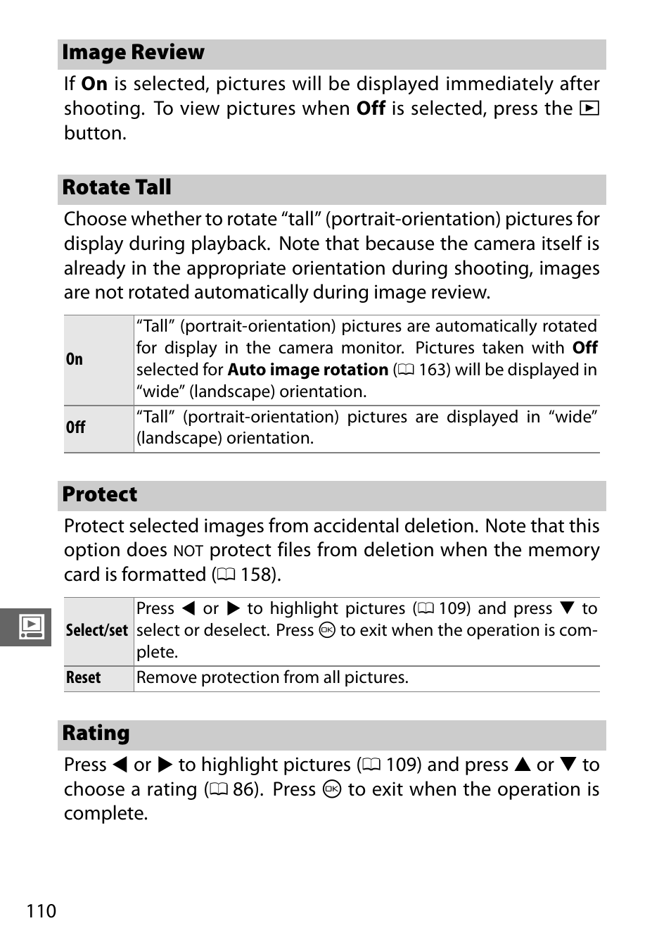 Image review, Rotate tall, Protect | Rating, Image review rotate tall protect rating | Nikon J3 User Manual | Page 130 / 234