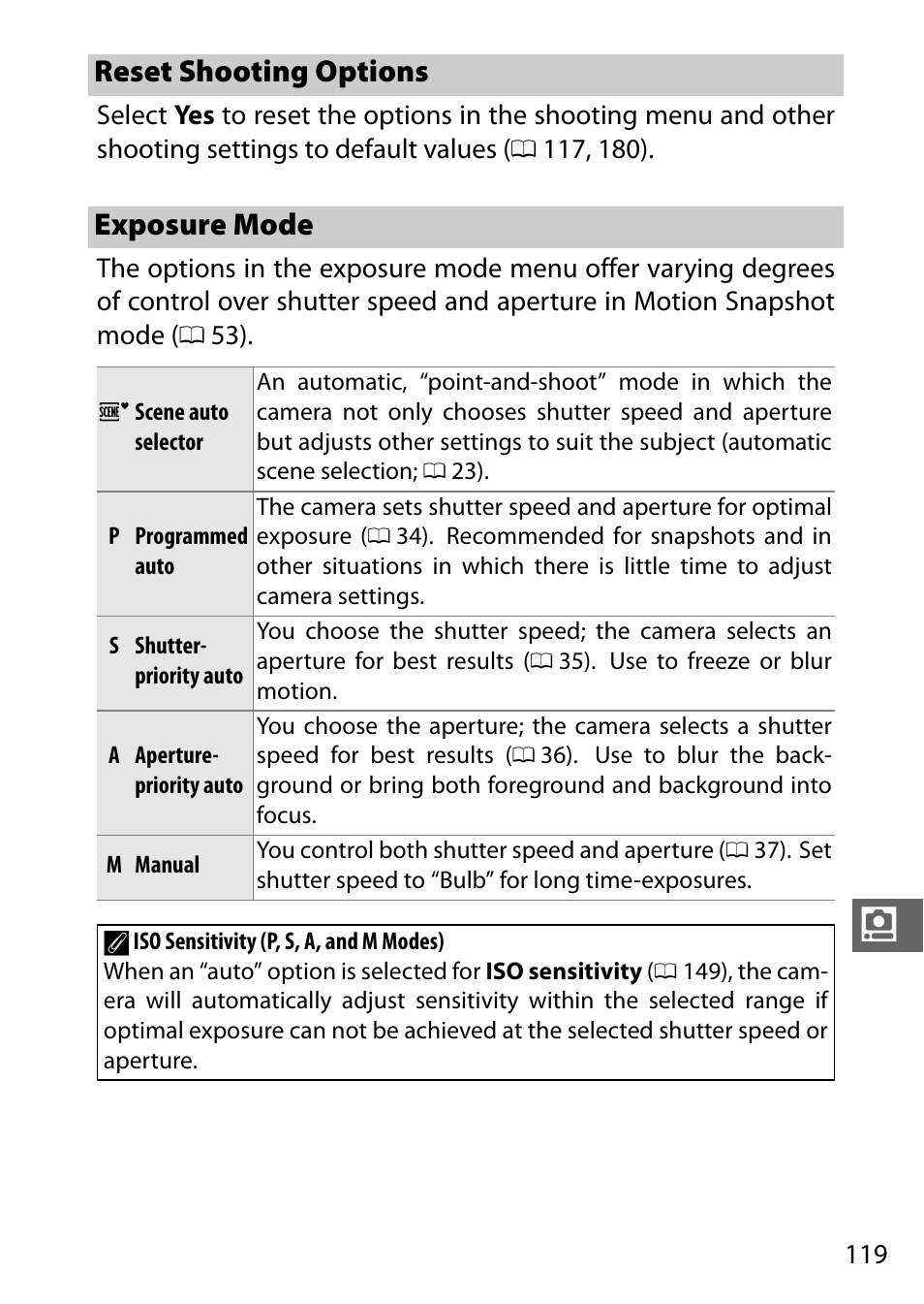 Reset shooting options, Exposure mode, Reset shooting options exposure mode | Nikon J3 User Manual | Page 139 / 234