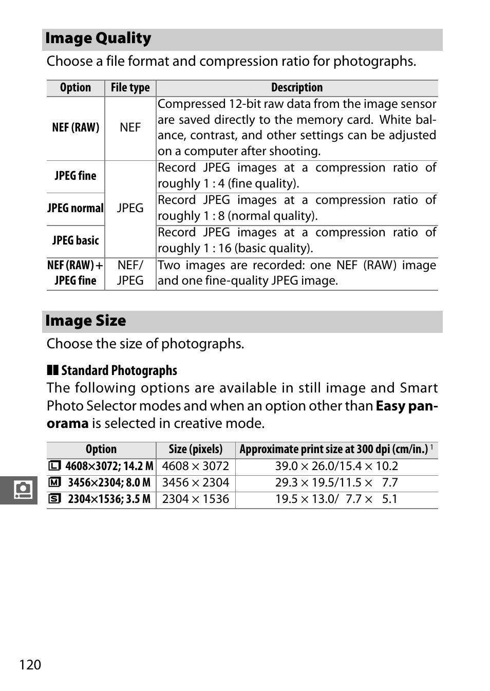 Image quality, Image size, Image quality image size | 0 120) can | Nikon J3 User Manual | Page 140 / 234