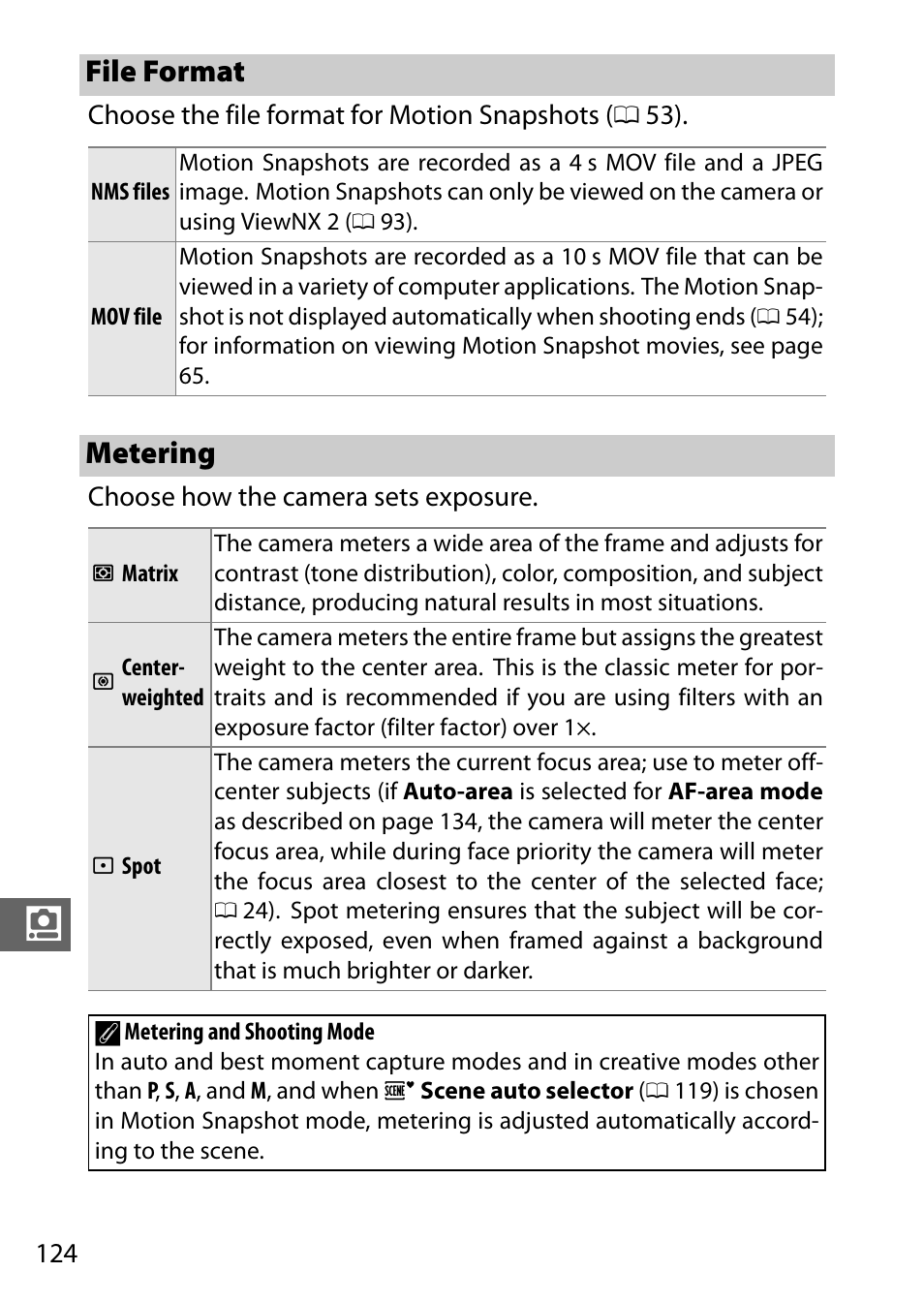 File format, Metering, File format metering | 0 124) or dsc | Nikon J3 User Manual | Page 144 / 234