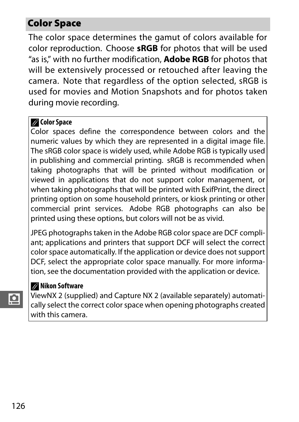 Color space, 0 126) ha | Nikon J3 User Manual | Page 146 / 234