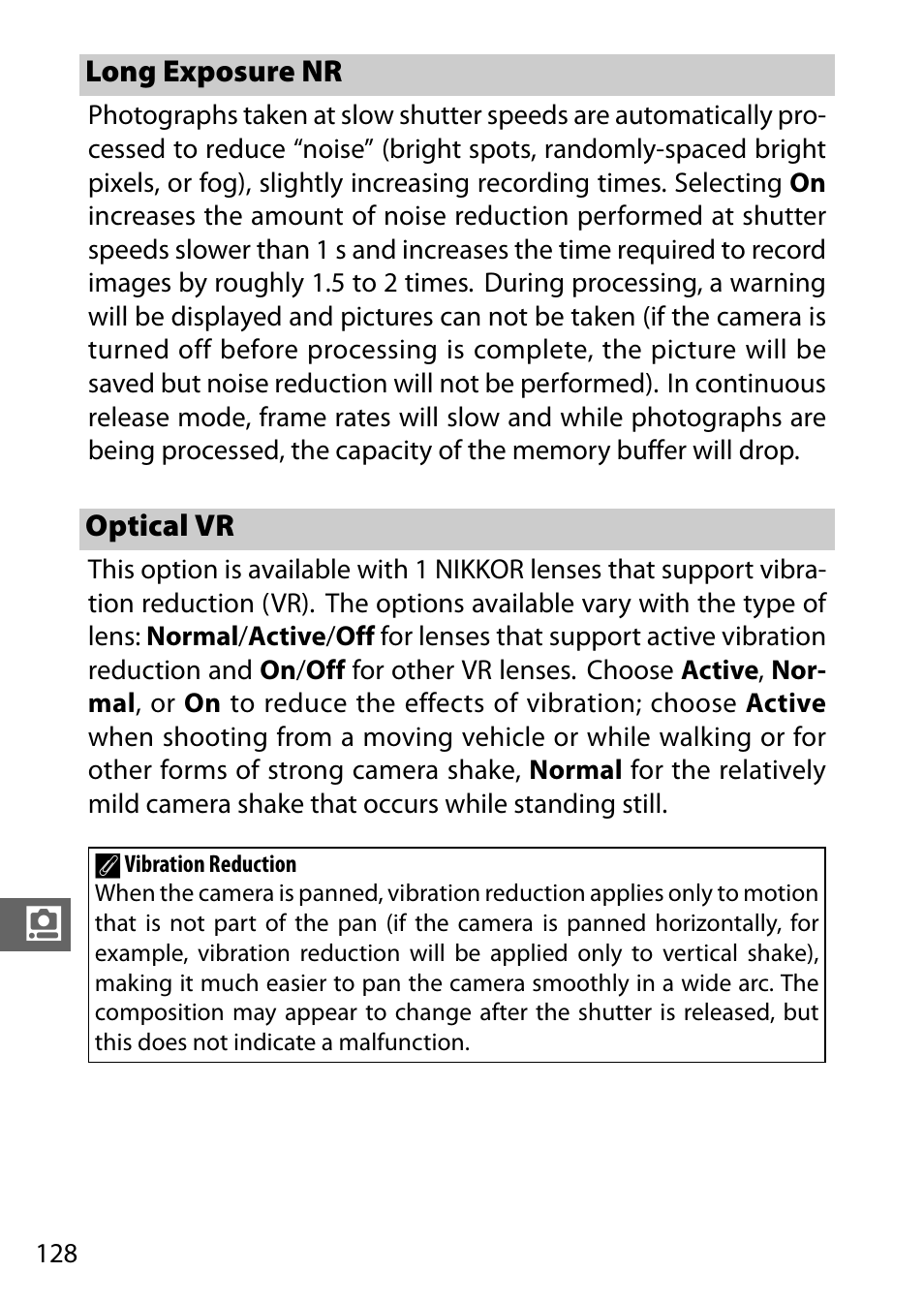 Long exposure nr, Optical vr, Long exposure nr optical vr | Nikon J3 User Manual | Page 148 / 234