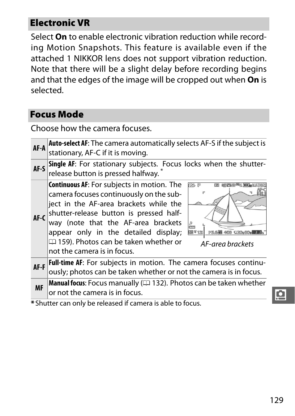 Electronic vr, Focus mode, Electronic vr focus mode | Nikon J3 User Manual | Page 149 / 234