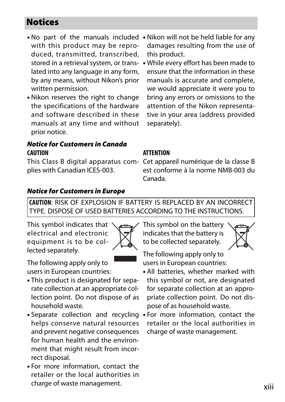 Notices, Xiii | Nikon J3 User Manual | Page 15 / 234